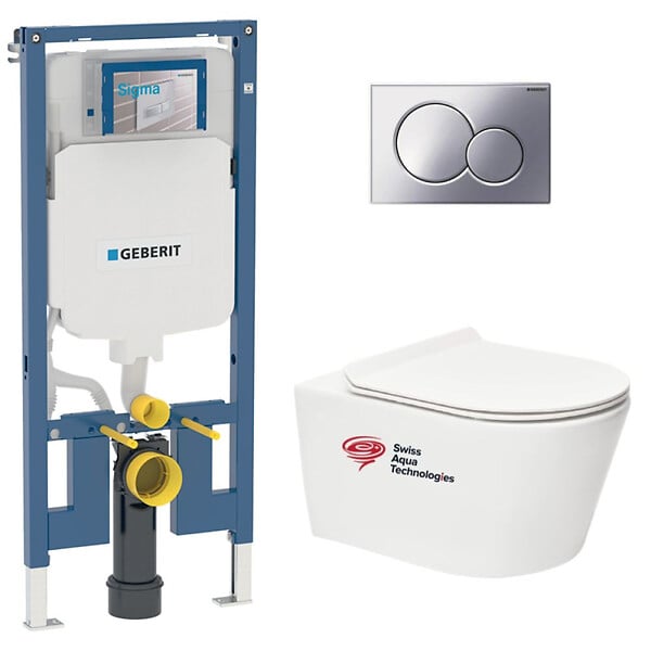 GEBERIT - Pack bati-support Geberit extra-plat + WC sans bride Swiss Aqua Technologies + Abattant SoftClose + Plaque (SLIM-Brevis-N) - large