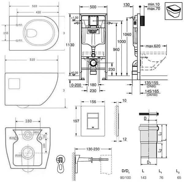 GROHE - Grohe Pack WC Bâti-support Rapid SL  + WC sans bride SAT + Abattant SoftClose + Plaque Noir mat (RapidSL-Project-KF0) - large