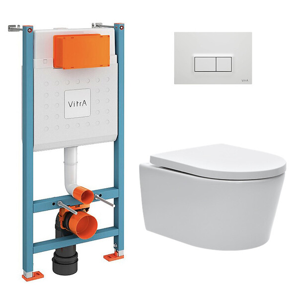 VITRA - Pack WC Bâti-support V-Fix Core + WC SAT sans bride et fixations invisibles + Plaque, Blanc brillant (V-FixSATrimless-1) - large