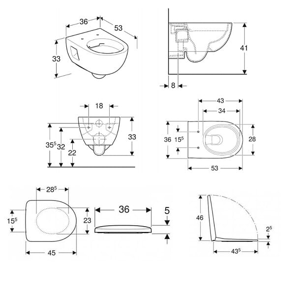 GEBERIT - Selnova Cuvette suspendue sans bride en céramique blanche avec abattant de WC SoftClose en Duroplast, blanc (WC-Selnova) - large