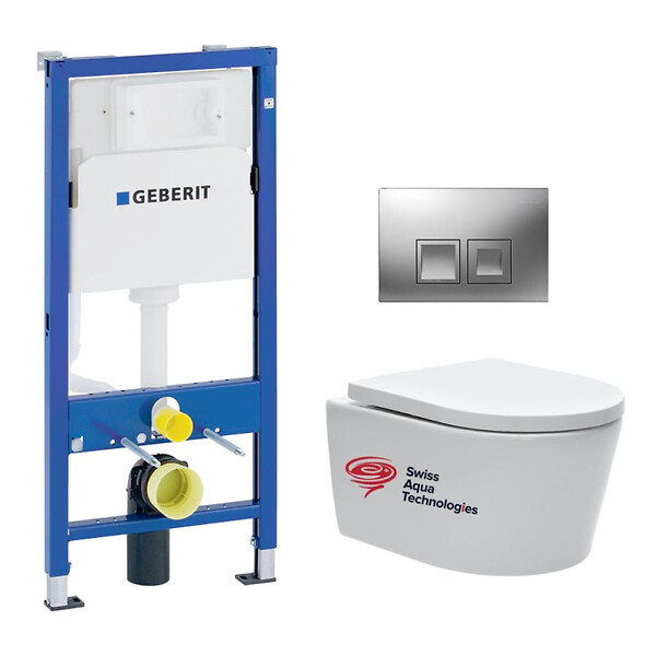 GEBERIT - Pack Bati-support Geberit UP100 + plaque Delta50 chrome mat + cuvette SAT suspendue sans bride et fixations invisibles - large