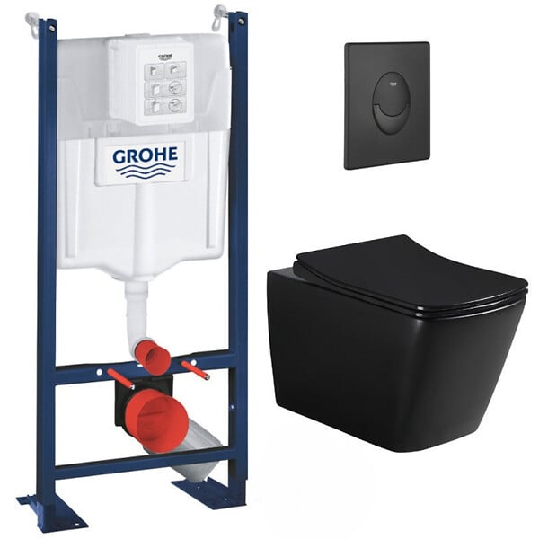 GROHE - Pack WC Bâti-support Rapid SL + WC sans bride Infinitio Design, Noir mat + Abattant softclose + Plaque Noire mat - large