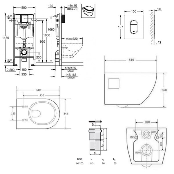GROHE - Pack WC Bâti-support Rapid SL + WC SAT sans bride + Abattant SoftClose + Plaque chrome + Set d'habillage (ARENAPROJECTSB) - large