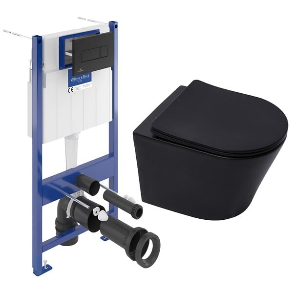 VILLEROY & BOCH - Pack WC Bâti-support sol mur Villeroy & Boch + WC SAT Infinitio sans bride + Abattant SoftClose + Plaque noire (VCNBLINFI4) - large