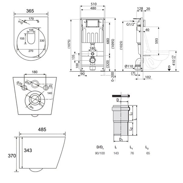 VILLEROY & BOCH - Pack WC Bâti-support sol mur Villeroy & Boch + WC SAT Infinitio sans bride + Abattant SoftClose + Plaque noire (VCNBLINFI4) - large