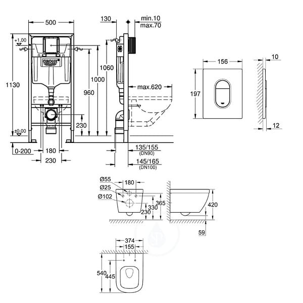 GROHE - Grohe Pack WC Bâti support Grohe Rapid SL + Cuvette sans bride Grohe Euro Ceramic, Blanc + plaque de déclenchement: Chrome (39536000) - large