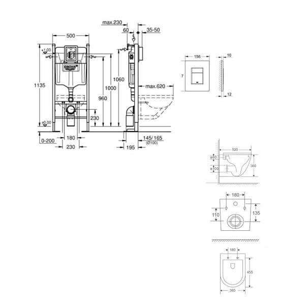 GROHE - RAPID SL Pack Bâti-support + WC suspendu + Plaque chrome + Set de montage (PROJECTFUSIONTQ-1-SABO) - large