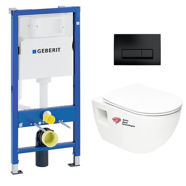GEBERIT - Pack Bâti-support Geberit + WC sans bride Swiss Aqua Technologies + abattant SoftClose + plaque noir mat (ProjectGeb10) - large