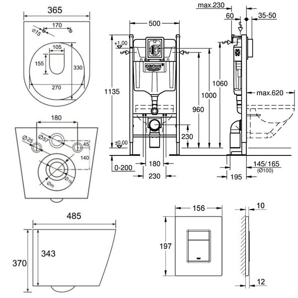 GROHE - Pack WC Bâti-support + WC sans bride + Abattant SoftClose + Plaque Noire Mat (ProjectBlackInfinitio-KF0-SP) - large