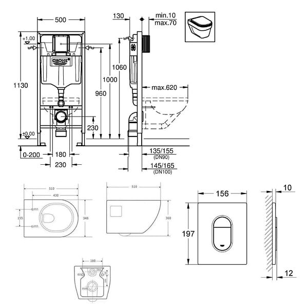 GROHE - Pack Rapid sl+ plaque arena chrome+ Fixations murales + set d'isolation phonique + WC suspendu (ArenaProject) - large