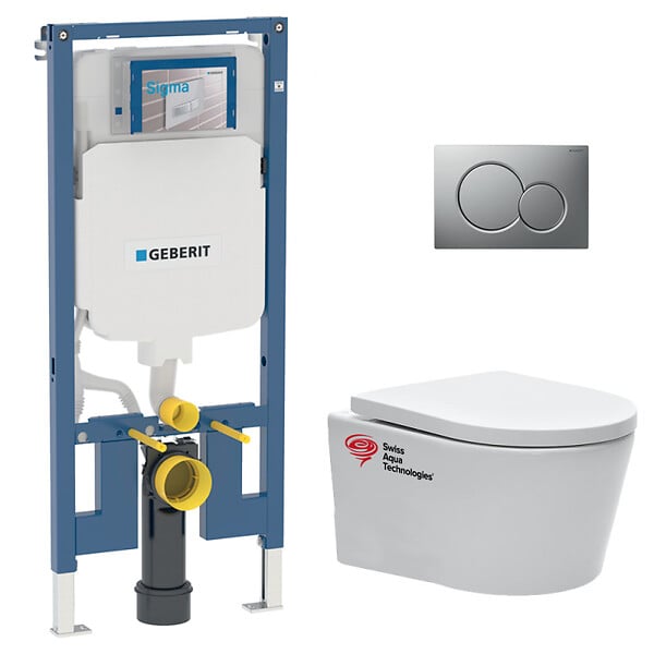 GEBERIT - Pack WC Bati-support Geberit slim + WC Swiss Aqua Technologies sans bride + Abattant + Plaque (SLIM-SATrimless-E) - large