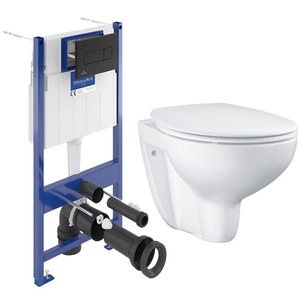 VILLEROY & BOCH - Pack WC Bâti-support sol mur Villeroy & Boch + WC sans bride Grohe Bau Ceramic + Abattant SoftClose + Plaque noire (VCNBAU4) - large