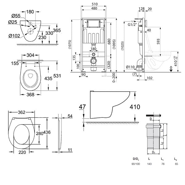 VILLEROY & BOCH - Pack WC Bâti-support sol mur Villeroy & Boch + WC sans bride Grohe Bau Ceramic + Abattant SoftClose + Plaque noire (VCNBAU4) - large