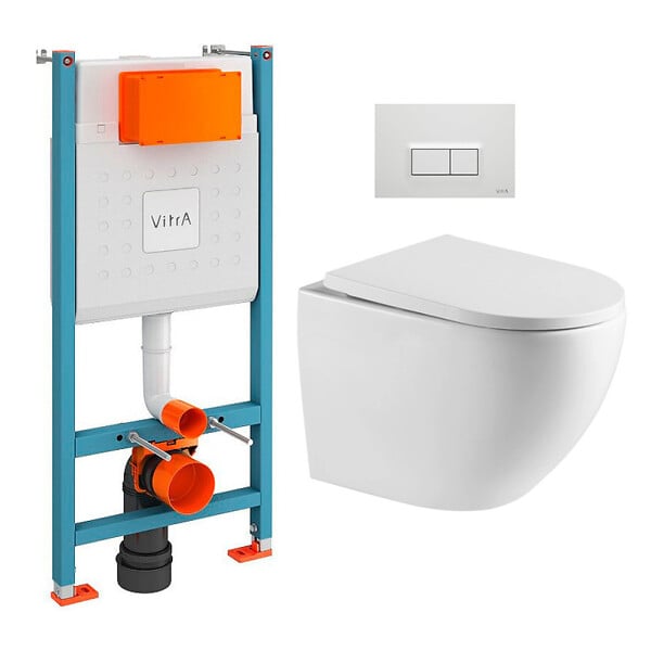 VITRA - Pack WC Bâti-support V-Fix + WC sans bride SAT + Abattant SoftClose + Plaque, Blanc Brillant (V-FixFusionTQ-1) - large