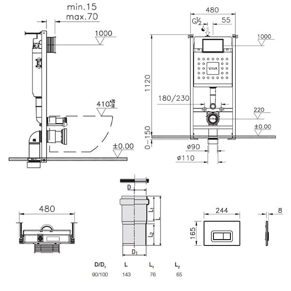 VITRA - Pack WC Bâti-support V-Fix + WC sans bride SAT + Abattant SoftClose + Plaque, Blanc Brillant (V-FixFusionTQ-1) - large