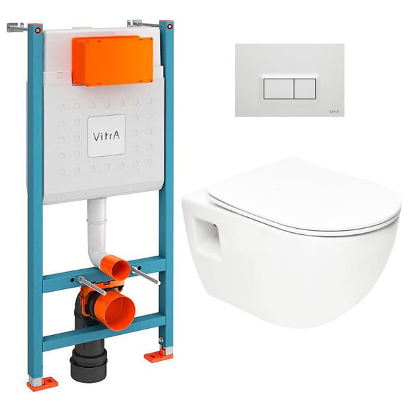 VITRA - Pack WC Bâti-support V-Fix Core + WC sans bride SAT + Abattant SoftClose + Plaque, Blanc brillant (V-FixProject-1) - large