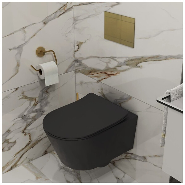SWISS AQUA TECHNOLOGIES - Swiss Aqua Technologies WC suspendu sans bride et fixations invisibles + abattant frein de chute, Noir mat (SATBRE010RREXPBKM) - large