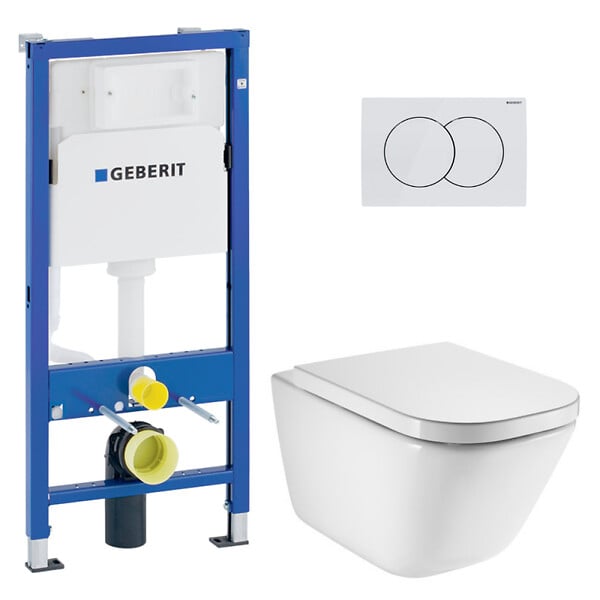 GEBERIT - Duofix pack WC bâti-support UP100 + WC suspendu sans bride Roca avec abattant SoftClose + plaque blanche (GEBROGAWR02-FR) - large
