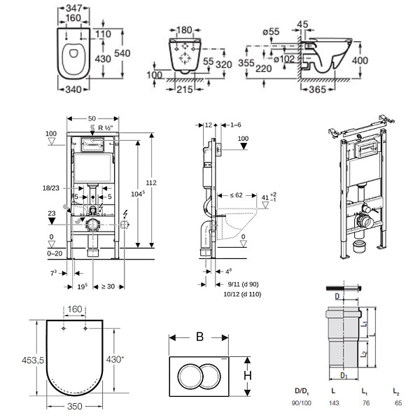 GEBERIT - Duofix pack WC bâti-support UP100 + WC suspendu sans bride Roca avec abattant SoftClose + plaque blanche (GEBROGAWR02-FR) - large