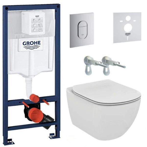 GROHE - Grohe Pack WC Bâti-support + WC suspendu Ideal Standard Tesi Aquablade + Abattant slim avec frein de chute + Plaque Arena Chrome - large