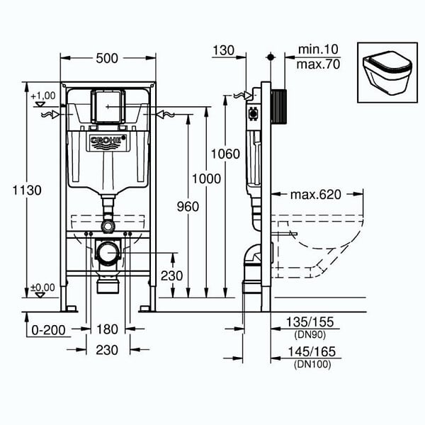 GROHE - Grohe Pack WC Bâti-support Rapid SL + WC sans bride LIVEA Bello + Abattant softclose + Plaque Chrome (RapidSL-Bello-2) - large
