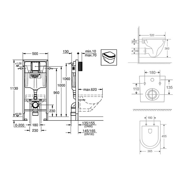GROHE - Grohe Pack WC Bâti-support + WC sans bride SAT Fusion + Abattant softclose + Plaque Chrome - large