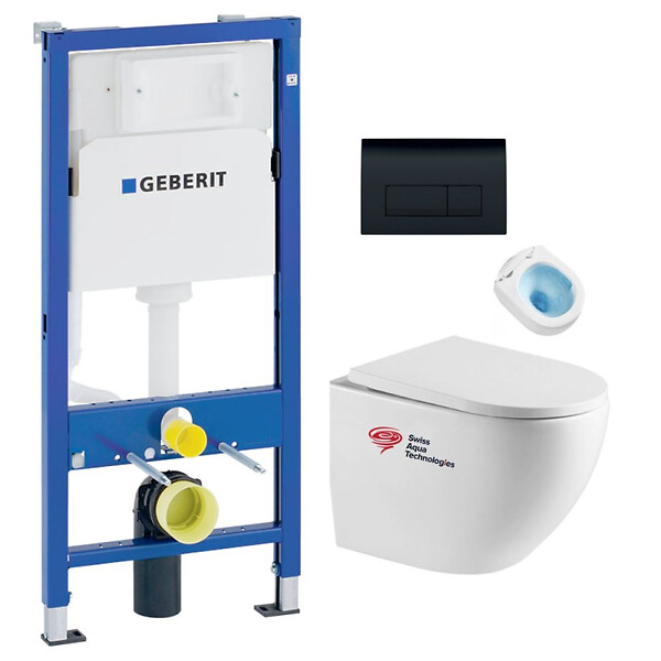 GEBERIT - Pack bati-support Geberit + WC sans bride Swiss Aqua Technologies + Abattant SoftClose + Plaque noir mat (FusionTQGeb10) - large
