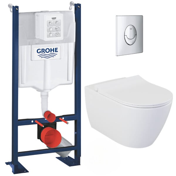 GROHE - Pack WC Bâti-support Rapid SL + WC sans bride Bello + Abattant softclose + Plaque Chrome (ProjectBello-2) - large