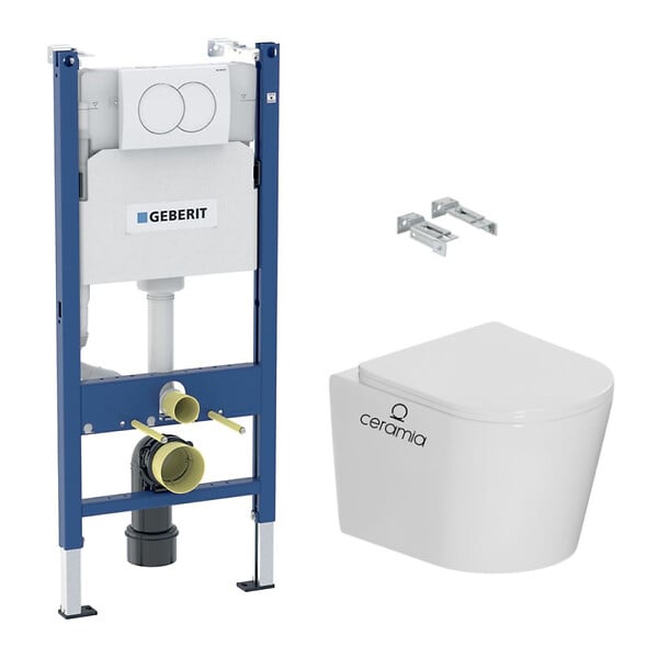 GEBERIT - Pack WC bâti-support Duofix 112cm + WC sans bride Ceramia + abattant SoftClose + plaque blanche (CETORGEB3-DE) - large