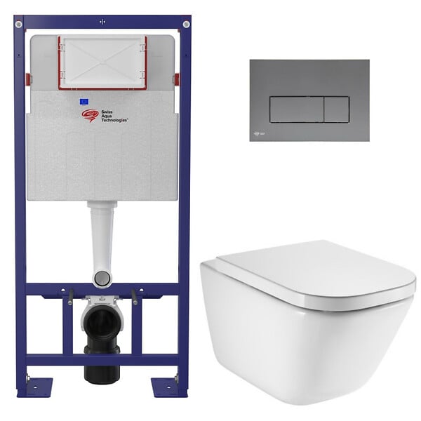 SWISS AQUA TECHNOLOGIES - Pack WC bâti-support autoportant + WC suspendu sans bride avec abattant SoftClose + gun metal mat (STROGAWR09-U) - large