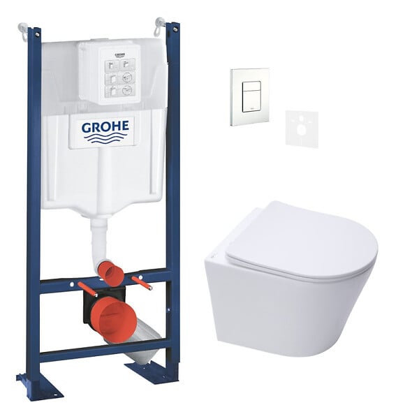 SWISS AQUA TECHNOLOGIES - Pack WC Bâti autoportant + WC suspendu sans bride Infinitio + Abattant softclose + Plaque Blanche + Set d'isolation phonique - large
