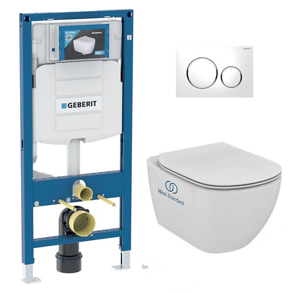 GEBERIT - Pack WC Bati Geberit  Duofix + Cuvette Ideal Standard Tesi Aquablade + Plaque de commande Sigma20 Blanc chrome + bati support - large