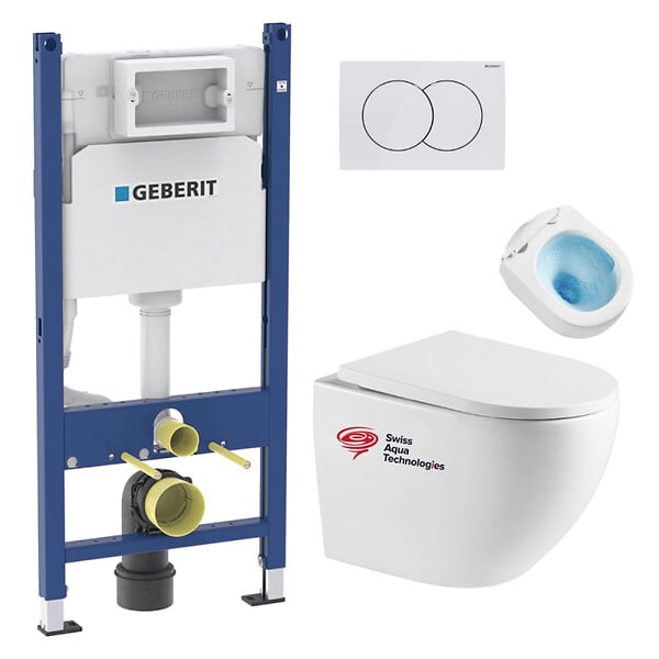 GEBERIT - Pack WC Bati-support Geberit Duofix + WC sans bride Swiss Aqua Technologies + Plaque de commande Delta01 Blanche (FusionTQGeb3) - large