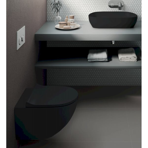 GROHE - Grohe Pack Bati-support Grohe Rapid SL + plaque hard graphite brossé + WC suspendu SENTO +abattant noir mat (GROHE-sentonoir2) - large
