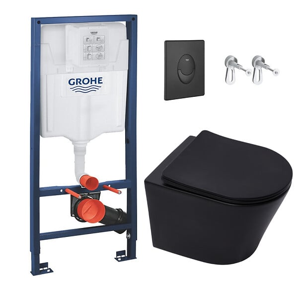 GROHE - Grohe Pack WC Bâti-support Rapid SL + WC Infinitio sans bride noir mat + Abattant softclose + Plaque noire mat - large