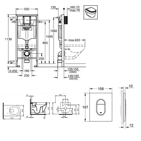 GROHE - Pack Bâti-support Rapid SL + WC sans bride Bello + Abattant slim, softclose + Plaque Chrome - large
