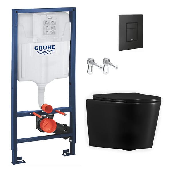 GROHE - Pack WC bâti-support Rapid SL + WC suspendu sans bride Ceramia + abattant SoftClose + plaque noire mat (RSLBLCETORKF0) - large
