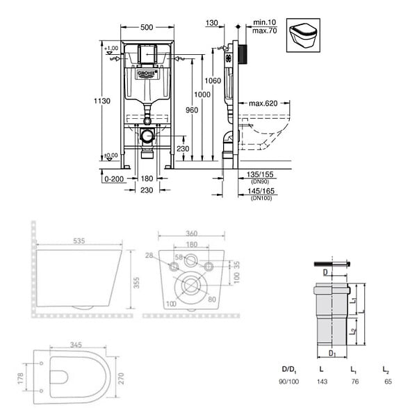 GROHE - Pack WC bâti-support Rapid SL + WC suspendu sans bride Ceramia + abattant SoftClose + plaque noire mat (RSLBLCETORKF0) - large