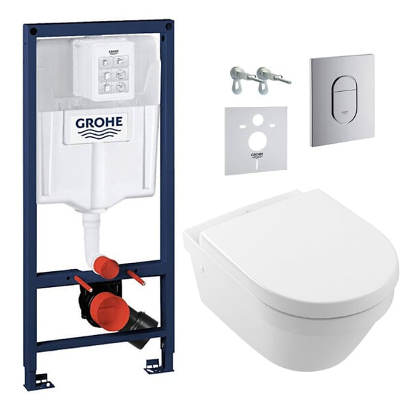 GROHE - Pack WC Bâti-support Rapid SL + WC sans bride Architectura, fixations invisibles + Abattant + Plaque chrome (ARENAARCHI3) - large