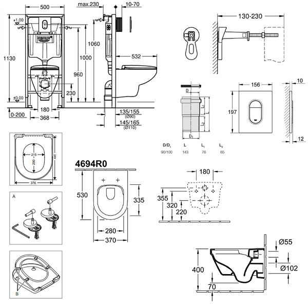 GROHE - Pack WC Bâti-support Rapid SL + WC sans bride Architectura, fixations invisibles + Abattant + Plaque chrome (ARENAARCHI3) - large