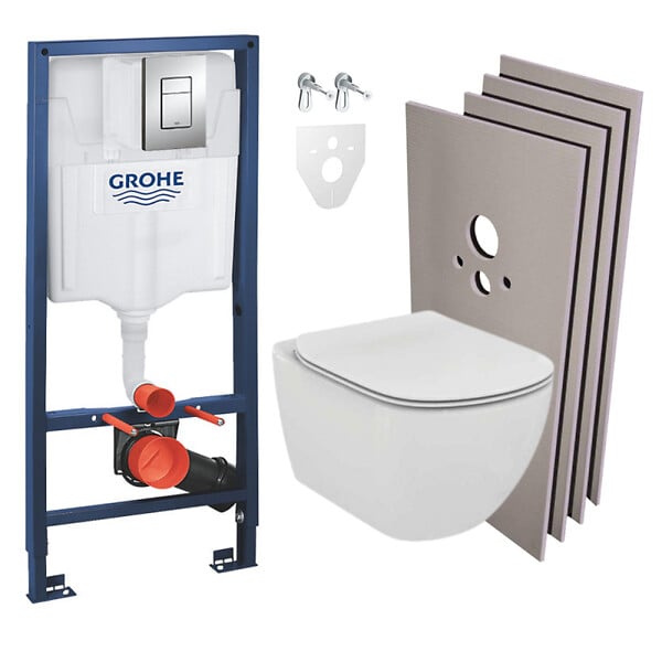 GROHE - Grohe Pack WC Bâti-support + Cuvette Ideal Standard Tesi Aquablade rimless + Plaque chrome + Set habillage (HGROHEAQUA-SET) - large
