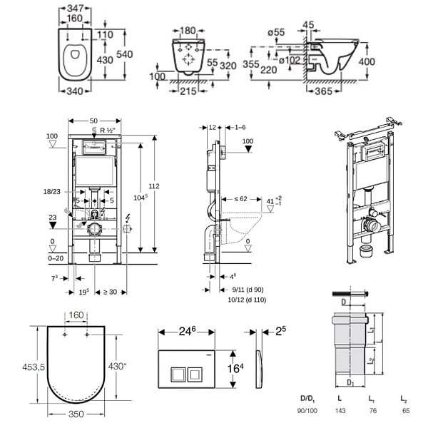 GEBERIT - Duofix pack WC bâti-support UP100 + WC suspendu sans bride Roca avec abattant SoftClose + plaque blanche (GEBROGAWR03-FR) - large