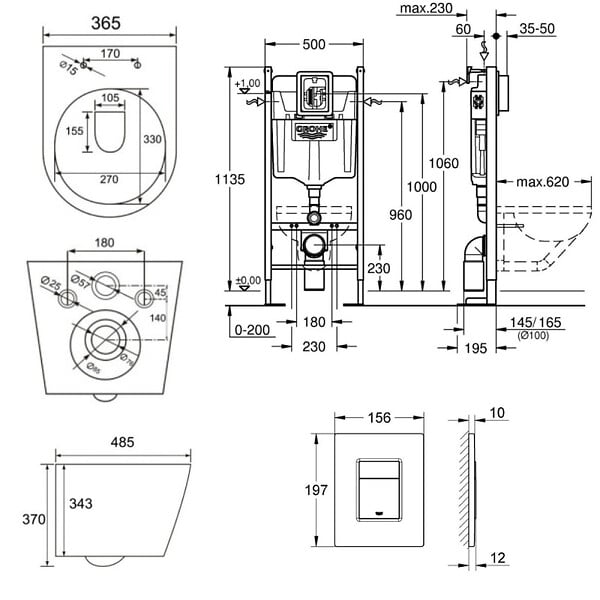 GROHE - Grohe Pack WC Bâti-support Rapid SL + WC Infinitio sans bride noir mat + Abattant softclose + Plaque noire mat - large