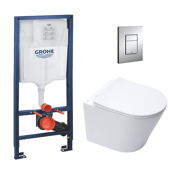 GROHE - Grohe Pack WC Bâti-support + Cuvette SAT Infinitio sans bride blanc mat + Abattant frein de chute + Plaque Chrome - large