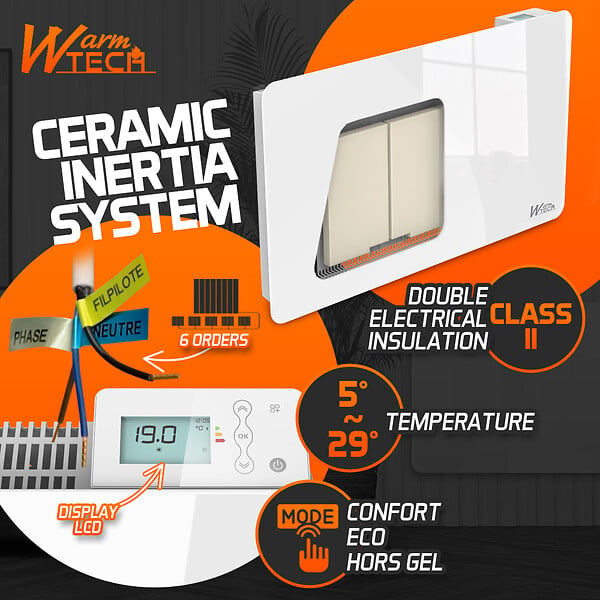 WARM TECH - Radiateur inertie céramique avec façade en verre 1500 W - IP24 - NF - Fil pilote 6 ordres - large