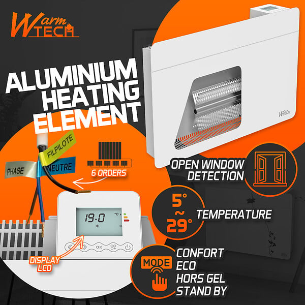 WARM TECH - Chauffage électrique mural 1000W - IP24 - fil pilote 6 ordres - large