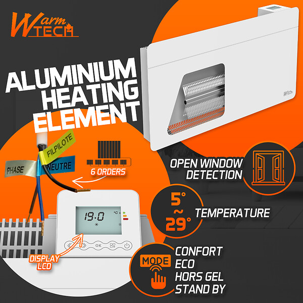 WARM TECH - Chauffage électrique mural 1500W - IP24 - fil pilote 6 ordres - large