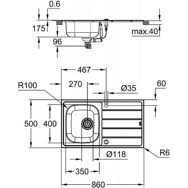 GROHE - Évier K200 GROHE 31552SD1 1 bac + 1 égouttoir - inox - large