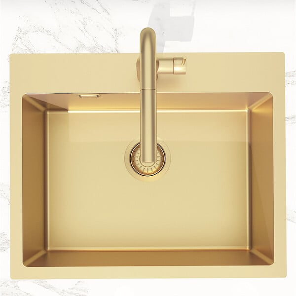 SWISS AQUA TECHNOLOGIES - Swiss Aqua Technologies Aurum Évier de cuisine encastrable inox 304, 1 bac , 55x45x21 cm, Or brossé PVD - large