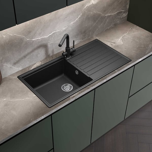SWISS AQUA TECHNOLOGIES - Swiss Aqua Technologies 100x50 cm évier avec égouttoir réversible en Granite, à encastrer, noir (SATSINKGQK103B) - large
